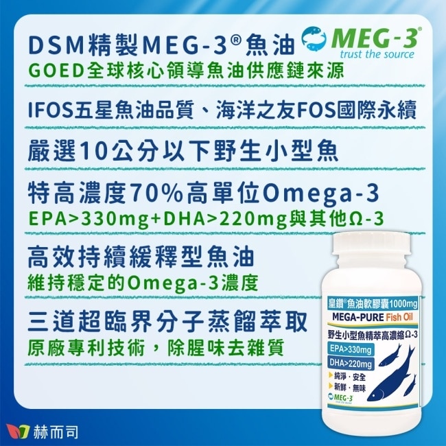 【赫而司】1100mg頂級加拿大MEG-3皇鑽魚油軟膠囊(60顆*1罐)IFOS認證小型魚無腥味高濃度EPA+DHA