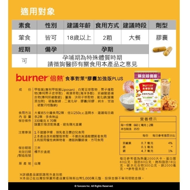 船井burner倍熱 食事對策膠囊加強版70入(小屈獨家超值版!)