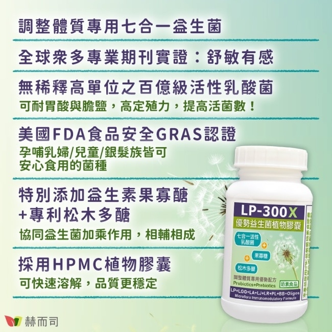 【赫而司】 LP-300X優勢益生菌(60顆*1罐)調整體質活性乳酸菌七益菌強化配方+益生素果寡醣素食膠囊