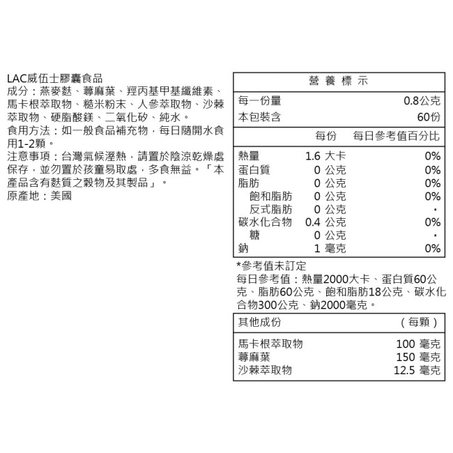 【LAC利維喜】威伍士膠囊60顆(瑪卡/燕麥麩/蕁麻葉/人參/沙棘/男性備孕)