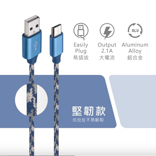RASTO RX2 Micro USB 鋁製迷彩充電傳輸線1.2M-藍