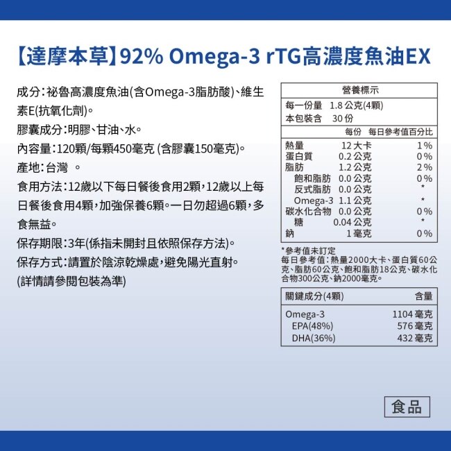 【達摩本草】92% Omega-3 rTG高濃度魚油EX(120顆/盒