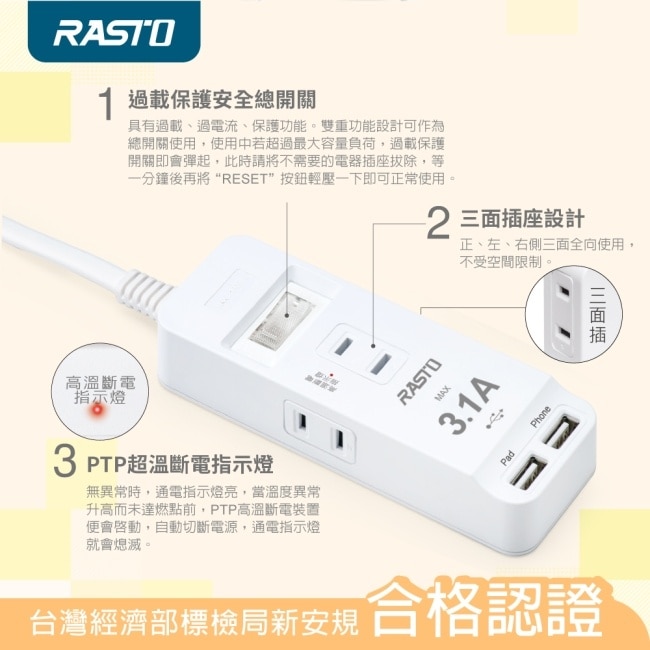 RASTO FE10 一開三插二埠USB延長線 1.8M