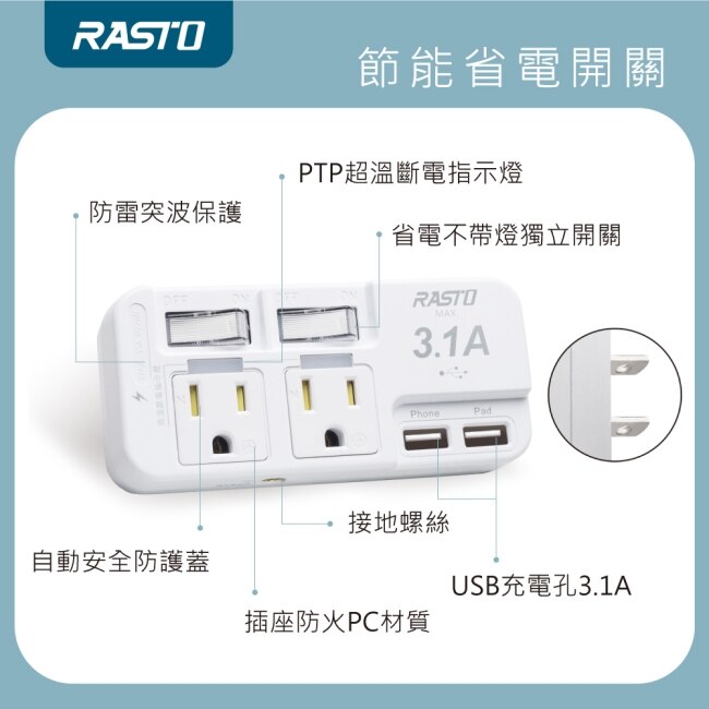 RASTO FP1 二開二插三孔二埠 USB壁插