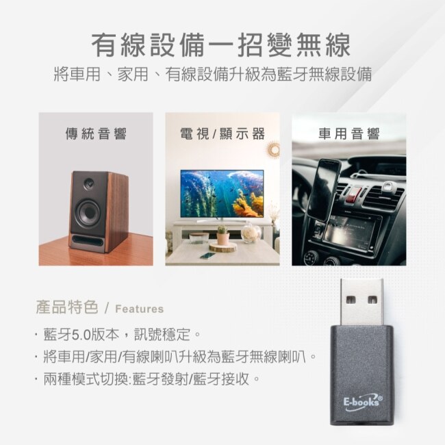 E-books Y3 藍牙5.0無線接收發射器