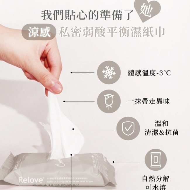 Relove 30秒私密肌弱酸清潔濕紙巾-微涼玫瑰香氛(15抽/包)