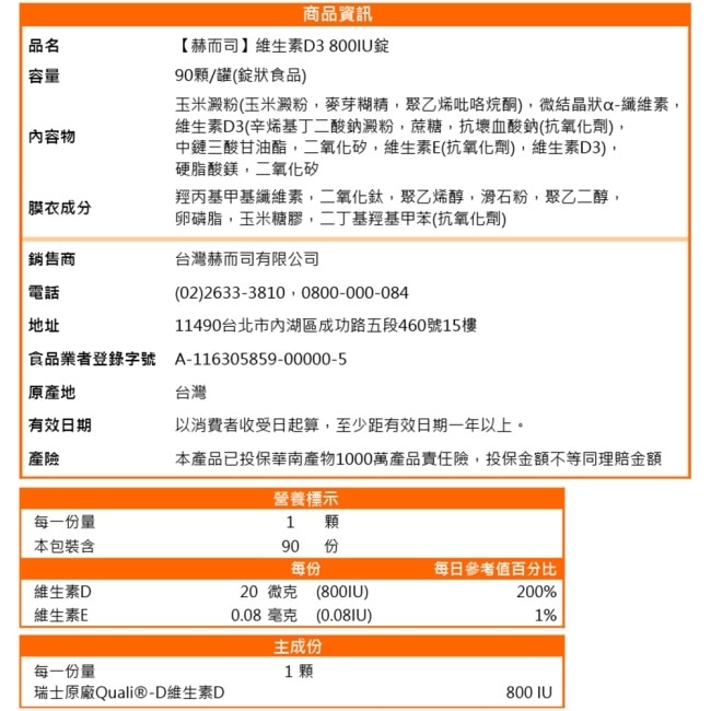 【赫而司】高單位維生素D3 800IU(90錠*2罐)瑞士DSM原廠陽光多多非活性D