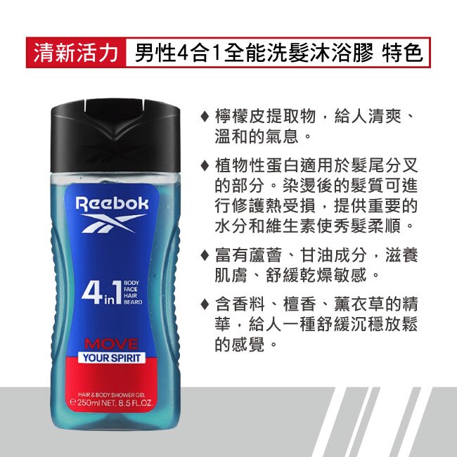 REEBOK 清新活力男性4合1全能洗髮沐浴膠 250ml