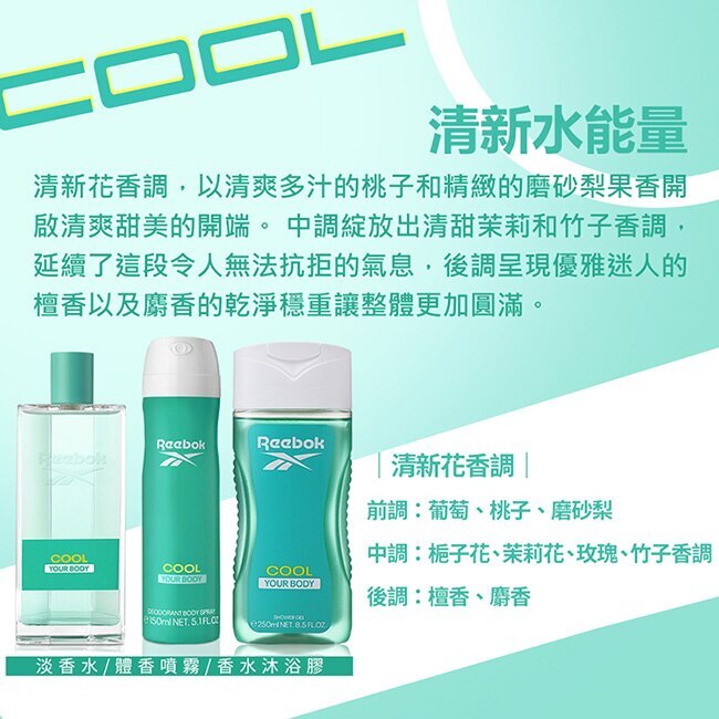 REEBOK 清新水能量女性保濕香水沐浴膠 250ml