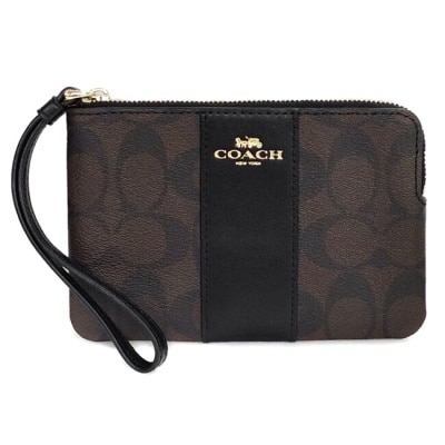 COACH COACH 深咖PVC黑邊皮飾L型拉鍊萬用手拿包