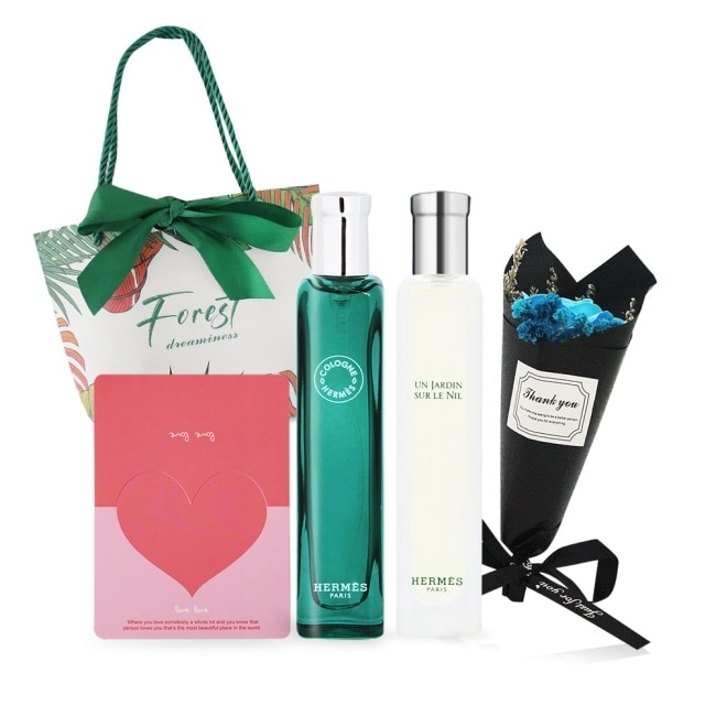 HERMES 愛馬仕 熱銷中性香水禮袋(15mlX2)[尼羅河+橘綠之泉+提袋+花束+卡片]-國際航空版