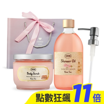 SABON SABON 玫瑰茶語明星二部曲香氛組[沐浴油500ml+身體磨砂膏600g+壓頭+提袋]-國際航空版