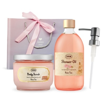 SABON SABON 玫瑰茶語明星二部曲香氛組[沐浴油500ml+身體磨砂膏600g+壓頭+提袋]-國際航空版