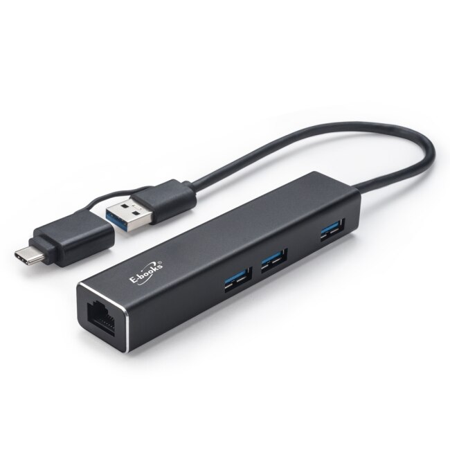 E-books H20 鋁製RJ45千兆高速網卡+3孔USB 3.2集線器