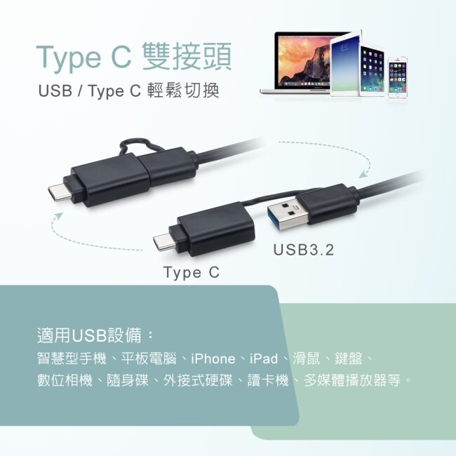 RASTO RH11 長線型USB 3.2 Hub 4孔集線器1M+Type C雙接頭