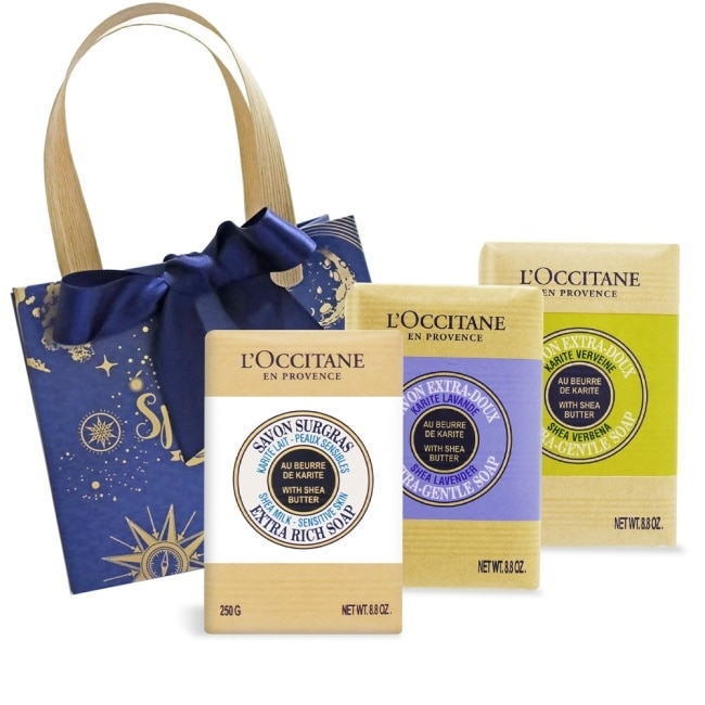 L’OCCITANE 歐舒丹 乳油木皂3入組[牛奶+馬鞭草+薰衣草+禮袋]-國際航空版