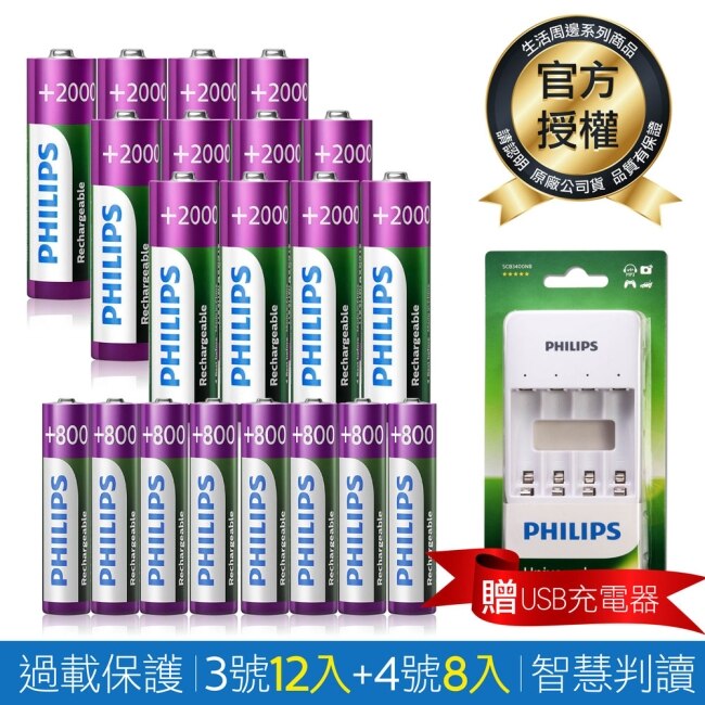 PHILIPS 鎳氫低自放充電電池3號12入 + 4號8入贈低自放鎳氫充電器