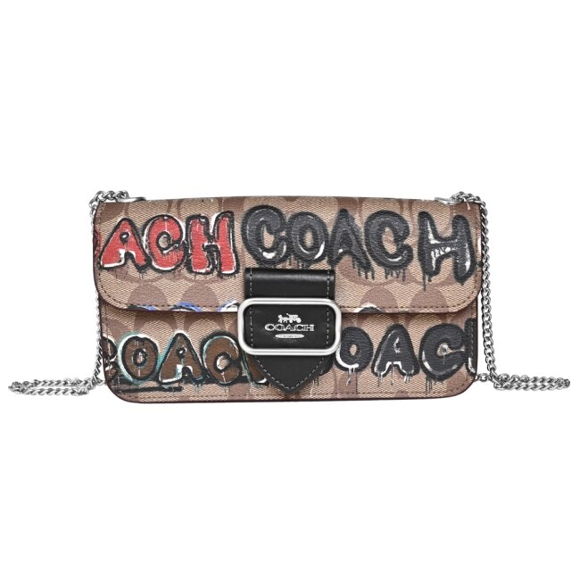 COACH X MINT + SERF聯名卡其PVC街頭塗鴉文字翻蓋鍊帶橫式斜背包