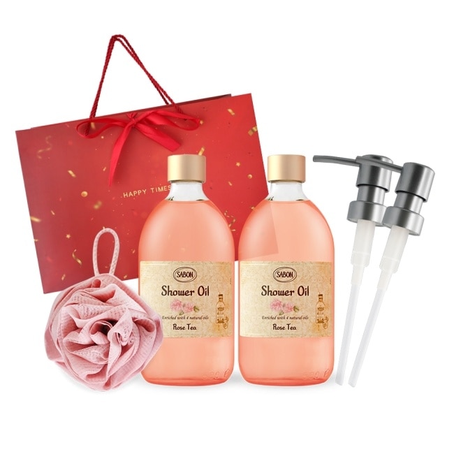 SABON 雙瓶沐浴油(500ml)送玫瑰沐浴球-玫瑰茶語X2-國際航空版