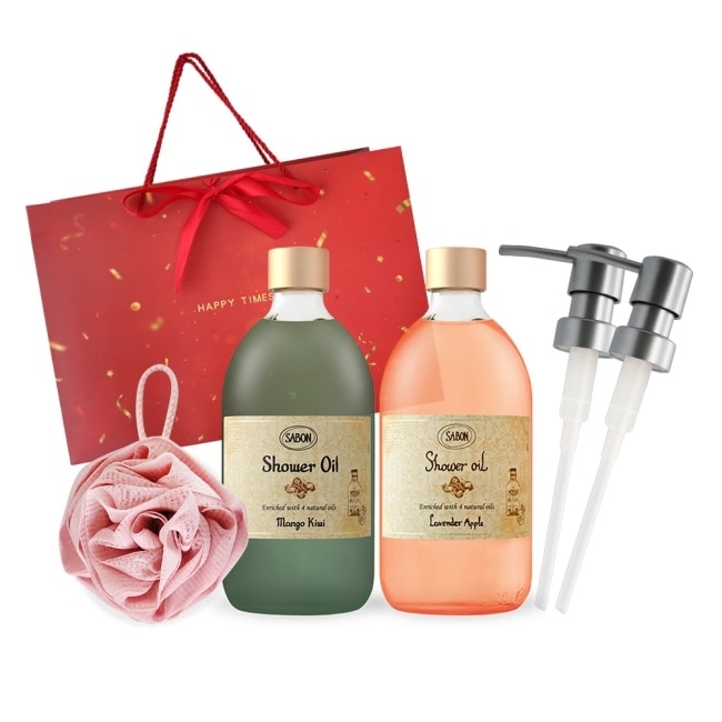 SABON 雙瓶沐浴油(500ml)送玫瑰沐浴球-國際航空版- 奇異果+香蘋薰衣草