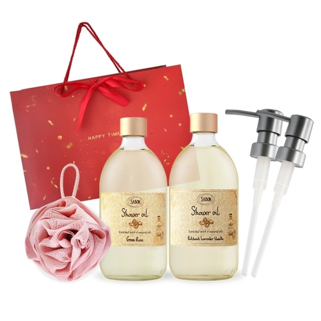 SABON 雙瓶沐浴油(500ml)送玫瑰沐浴球 以色列綠玫瑰+P-L-V-國際航空版
