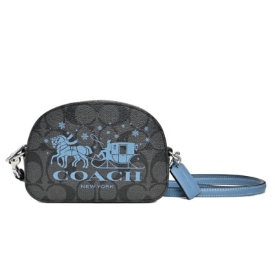 COACH COACH 鐵灰黑PVC藍邊雪花馬車斜背貝殼包 (迷你)