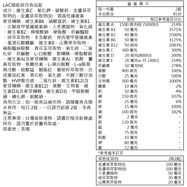 【LAC利維喜】競能綜合食品90錠(綜合維他命/人蔘/山桑果/專注力UP/電競手遊.工程師必備)