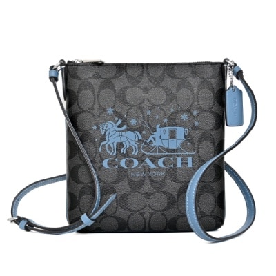 COACH COACH 鐵灰黑PVC藍邊雪花馬車前拉鍊袋方扁斜背包