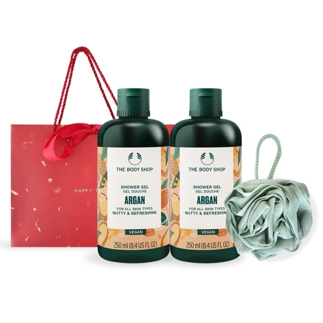 THE BODY SHOP 摩洛哥堅果油沐浴膠(250ml)X2贈沐浴球附精品禮袋-國際航空版