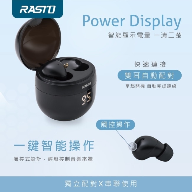 RASTO RS61 黑曜石小耳洞專用電量顯示真無線藍牙5.3耳機