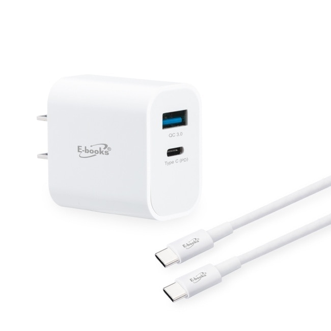 【台灣製造】E-books B78 20W PD+QC3.0快速充電器 + 60W C to C快充傳輸線組
