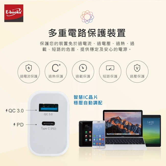 【台灣製造】E-books B78 20W PD+QC3.0快速充電器 + 60W C to C快充傳輸線組