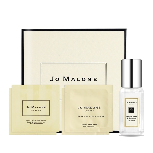 Jo Malone 英國梨與小蒼蘭香水(9ml)+牡丹與胭紅麂絨潔膚露+乳液(5ml)x4