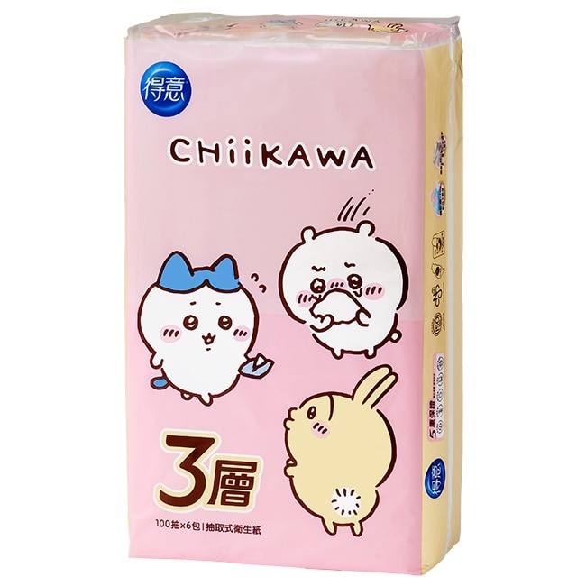 得意3層連續抽取式花紋衛生紙100抽6包