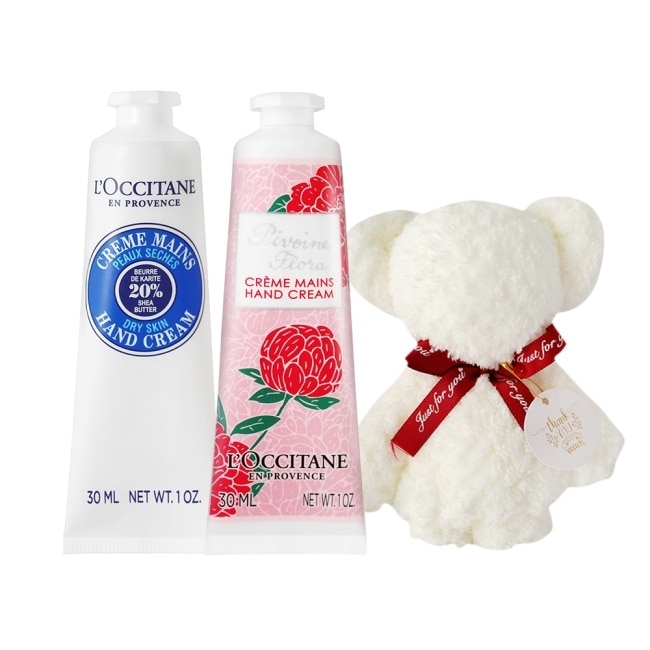 L’OCCITANE 歐舒丹 經典2入護手霜30ML送小熊毛巾-乳油木+牡丹-國際航空版