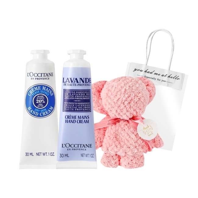 L’OCCITANE 歐舒丹 經典2入護手霜送小熊毛巾-乳油木30ml+薰衣草30ml-國際航空版