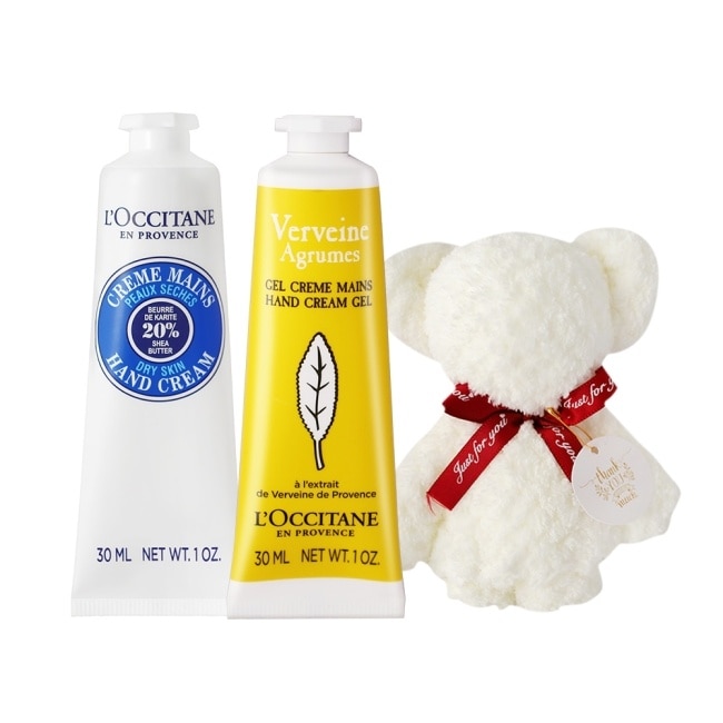 L’OCCITANE 歐舒丹 經典2入護手霜送小熊毛巾-乳油木30ml+果漾馬鞭草30ml-國際航空版