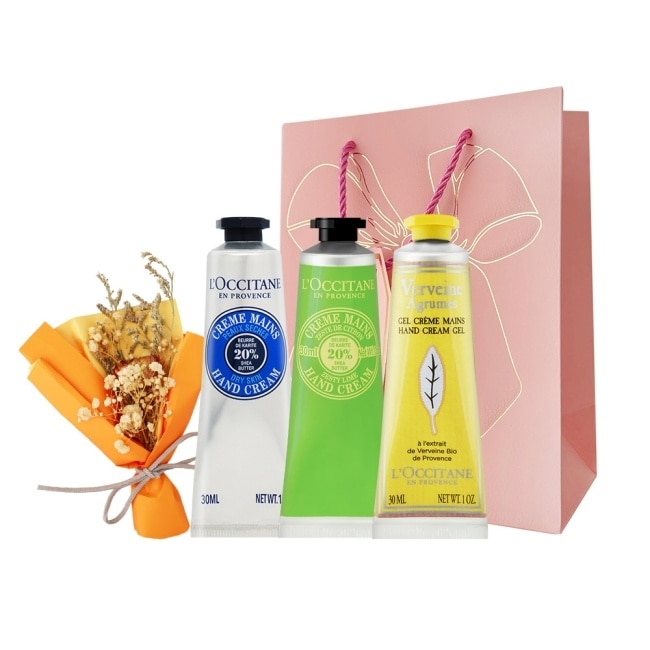 L’OCCITANE 歐舒丹 經典3入護手霜粉色禮袋組-乳油木30ml+萊姆30ml+果漾馬鞭草30ml-國際航空版