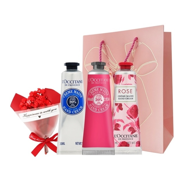 L’OCCITANE 歐舒丹 經典3入護手霜粉色禮袋組-乳油木30ml+乳油木玫瑰30ml+玫瑰30ml-國際航空版