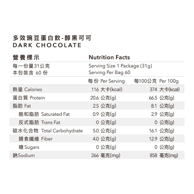 BODY GOALS全素多效豌豆蛋白飲-醇黑可可1.86KG