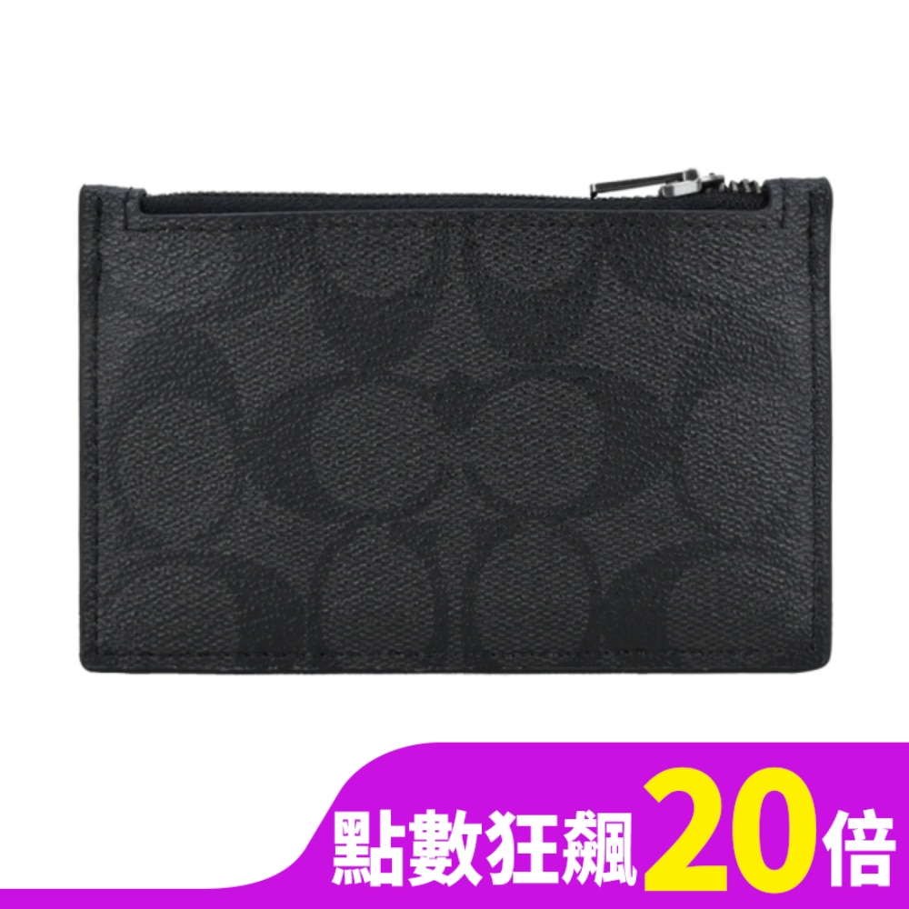 COACH COACH PVC拼接牛皮撞色男仕卡片零錢夾(黑灰)