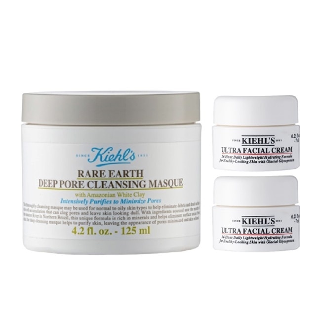 【Kiehl’s 契爾氏】白泥淨緻毛孔面膜125ml+冰河醣保濕霜7mlx2 國際航空版