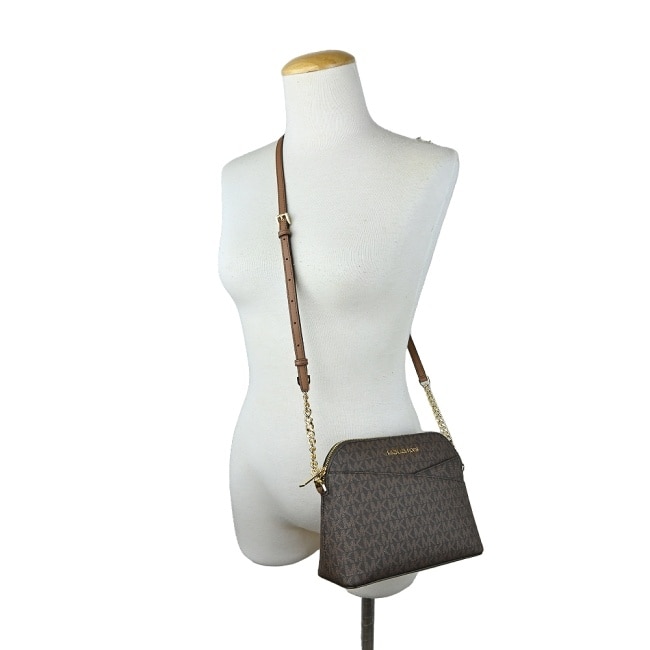 MICHAEL KORS JET SET新版交叉滿版PVC斜背貝殼包-咖35F1GTVC6B-54BR