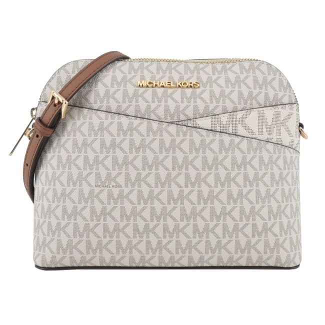 MICHAEL KORS JET SET新版交叉滿版PVC斜背貝殼包-米白/棕35F1GTVC6B-42VA
