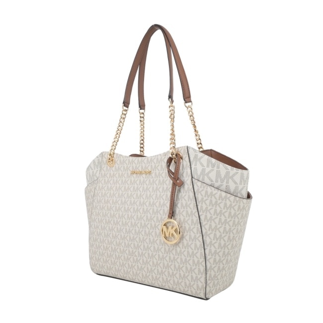 MICHAEL KORS JET SET金字滿版鍊帶手提/肩背托特包-大/米白棕35S4GTVT3B-42VA