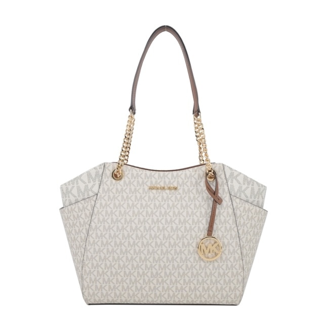 MICHAEL KORS MICHAEL KORS JET SET金字滿版鍊帶手提/肩背托特包-大/米白棕35S4GTVT3B-42VA