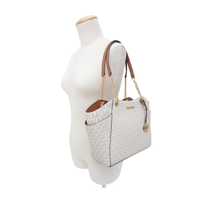 MICHAEL KORS JET SET金字滿版鍊帶手提/肩背托特包-大/米白棕35S4GTVT3B-42VA