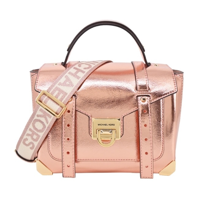 MICHAEL KORS MANHATTAN漆皮寬背帶兩用郵差包-中/玫瑰粉35H3GNCS6M-76PR