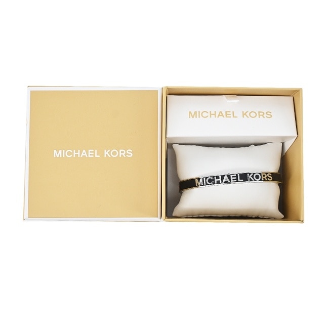 MICHAEL KORS BRASS 寬版LOGO扣式手環禮盒-黑色MKJX8120040-S09