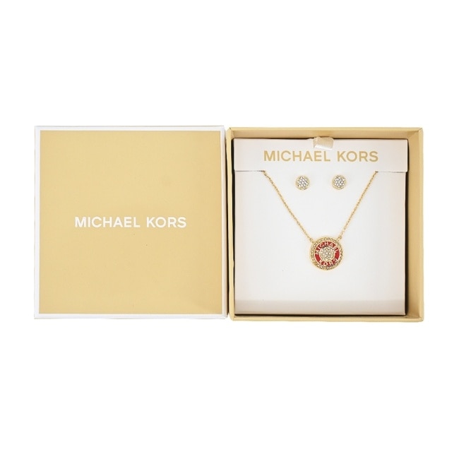 MICHAEL KORS BRASS水鑽LOGO耳環/項鍊禮盒-紅色MKJ8329SET-G16